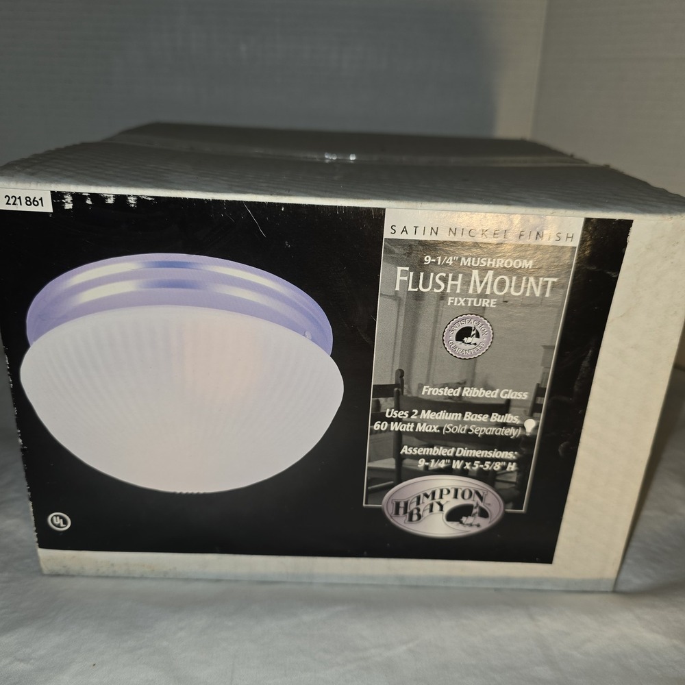 Hampton Bay 9-1/4" Flush Mount Fixture Satin Nickel Finish Frosted‎ Ribbed Glass